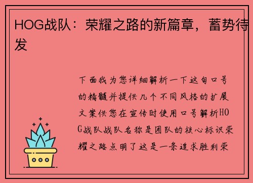 HOG战队：荣耀之路的新篇章，蓄势待发